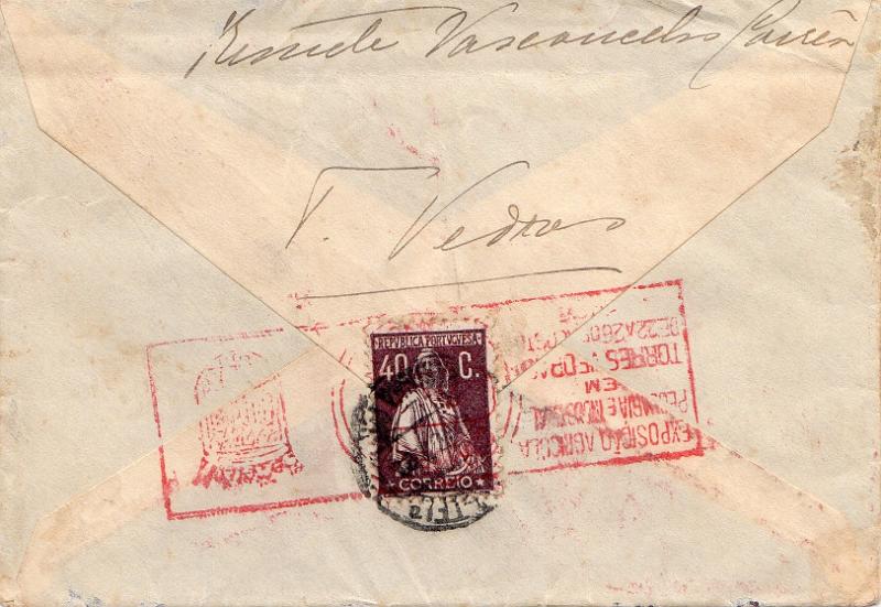 3349 v.jpg -     Lote:    3349 (verso)      Lotes pelo Correio              Descrição:         Flâmulas publicitárias. 1924/26 &mdash; Ceres. Sobrescrito circulado de Torres Vedras (02.08.26) para a Marinha Grande com selo de 40 reis castanho CE283, obliterados com flâmula mecânica da "EXPOSIÇÃO AGRÍCOLA, PECUÁRIA E INDUSTRIAL EM TORRES VEDRAS" impressa a vermelho.        Carta       Valor Base:     &euro; 6,00     Valor Venda:     &euro;      